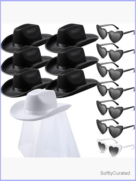 14 Pc Bachelorette Cowgirl Party Set with Veil Hats & Heart Glasses
